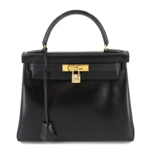 HERMES Kelly 28 Hand Bag Box Calf Leather Black Purse 90283029 - Picture 1 of 11