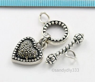 1x STERLING SILVER MARCASITE HEART DANGLE CHARM TOGGLE CLASP #506 - Image 1 of 2