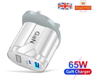 GaN 65W 2-Port USB-C USB PD QC 3.0 Fast Charger UK Plug Wall Charger- 2 Colours