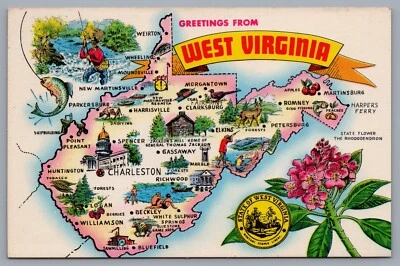Vintage Greetings From West Virginia Map Postcard Parkersburg Romney Elkins - Image 1 of 2