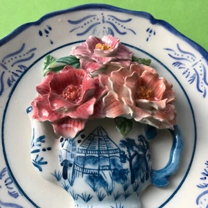 Vtg 3D CAPADIAMONTE Miniature 4" D Gantz Plate Flowers Teapot Tea Cup Kitchen - Picture 1 of 5