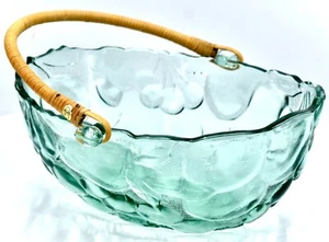 Fruit Bowl,Lt.Green Glass,Handle,Raised Fruit Design,Oval,9.7"l x 7.6"w - Picture 1 of 4