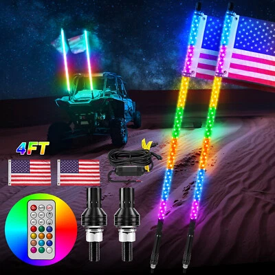 2x 4FT RGB LED Flat Whip Lights Antenna Remote for Polaris RZR ATV Can-Am X3 UTV - Image 1 of 4