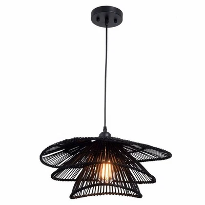 Hampton Bay Wilby 1-Light Black Pendant with Rattan Shade, Adjustable Height - Image 1 of 4