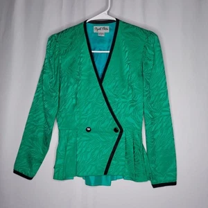 Adrianna Papell Silk Blazer Women 2P Dbl-Breast Pleated Fitted Long Puff Sleeve - Picture 1 of 11