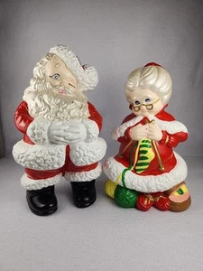 Vtg Mr & Mrs Santa Claus Atlantic Mold Ceramic Figures 13" Winking & Knitting - Picture 1 of 18