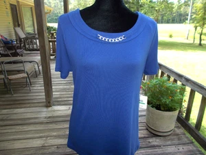 NWT Rafaella Royal Blue Short Sleeve Top with Silver Tone Chain, size Large - Picture 1 of 6