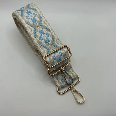 Boho Style Crossbody Bag Strap Gold Tone Clasps Embroidered Blue Tan Wh - Image 1 of 4