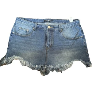 Boohoo Blue 1” Inseam Cut Off Denim Jean 5 Pocket Shorts Women’s Sz 12 - Picture 1 of 3