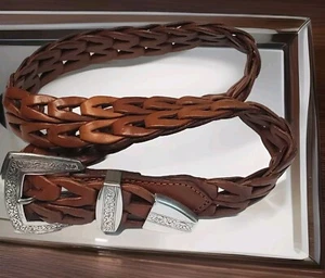Vintage Brighton Brown Leather Thick Braided Belt with Silver Accents Size M - Picture 1 of 7