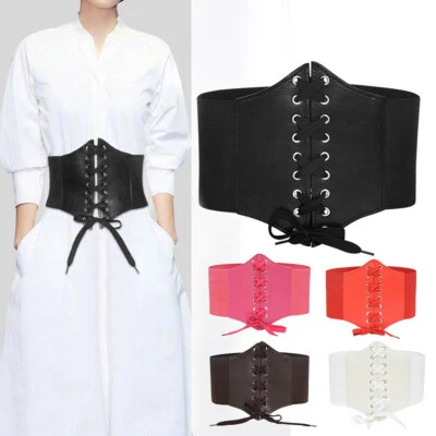 WOMEN LADIES WAIST CINCHER WIDE BAND ELASTIC TIED WASPIE CORSET PU LEATHER BELT - Image 1 of 4