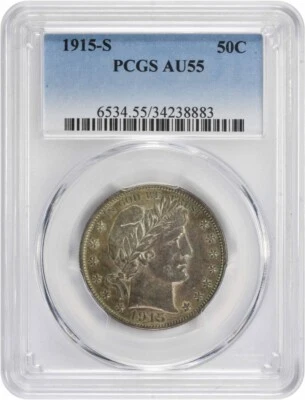Medio dólar de plata de peluquero 1915-S AU55 PCGS Foto 1 de 2