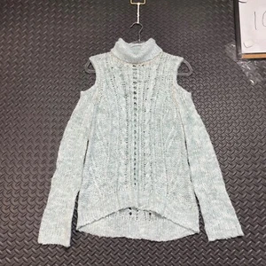 Pam & Gela Cable Knit Blue Gray Cowl Turtleneck Pullover Shoulder Sweater Size S - Picture 1 of 8