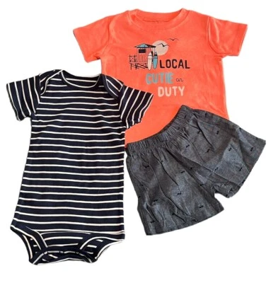 儿童 3 件套夏季套装男孩婴儿尺寸 3-6 Mo。 T 恤短裤连身裤沙滩新品 — 第 1/4 张图片