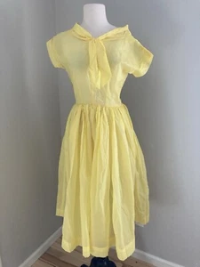 Vtg SHEER Fit & Flare Dress Full Skirt Pussy Bow Paper Pucker Fabric xs - Picture 1 of 9