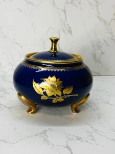 Vintage KPM German Porcelain Cobalt Blue Gold Gilt Floral Covered Candy Dish Jar - Picture 1 of 8