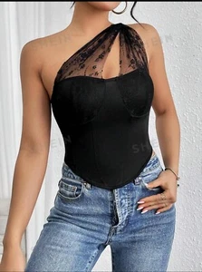 Womens Lace Oblique Shoulder Bodycon Top size S - Picture 1 of 6