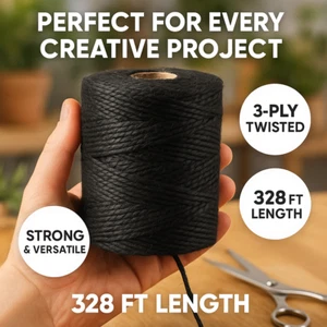 Black Jute Twine 328FT 3mm Thick Rope Cord for Crafts, Gardening, Gift Wrapping - Picture 1 of 5