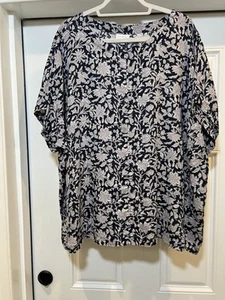Pure Jill Linen Women Tops Summer Boho Blue Floral Peasant Cottage Prairie Sz 3X - Picture 1 of 9