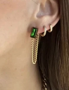 18K Gold Plated Green Cubic Zirconia Earrings Stainless Steel Womens Jewelry - Picture 1 of 15
