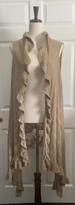 Umgee Womens XL Open Front Knit Cardigan Sweater Tan Lace Floral Hem Boho Ruffle - Image 1 of 4