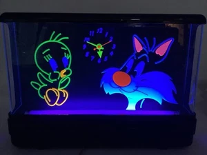 Vintage Looney Tunes Tweety Sylvester Neon Blacklight Clock Gemini USA Nuon HTF - Picture 1 of 21