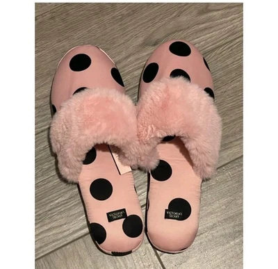 Zapatillas Victoria's Secret Satén Rosa Negro Lunares Imitación Piel M Nuevas Foto 1 de 2