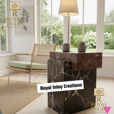 Serene & Modern Marble Side Table - Calacatta & Rosso Levanto Marble End Table - Image 1 of 4