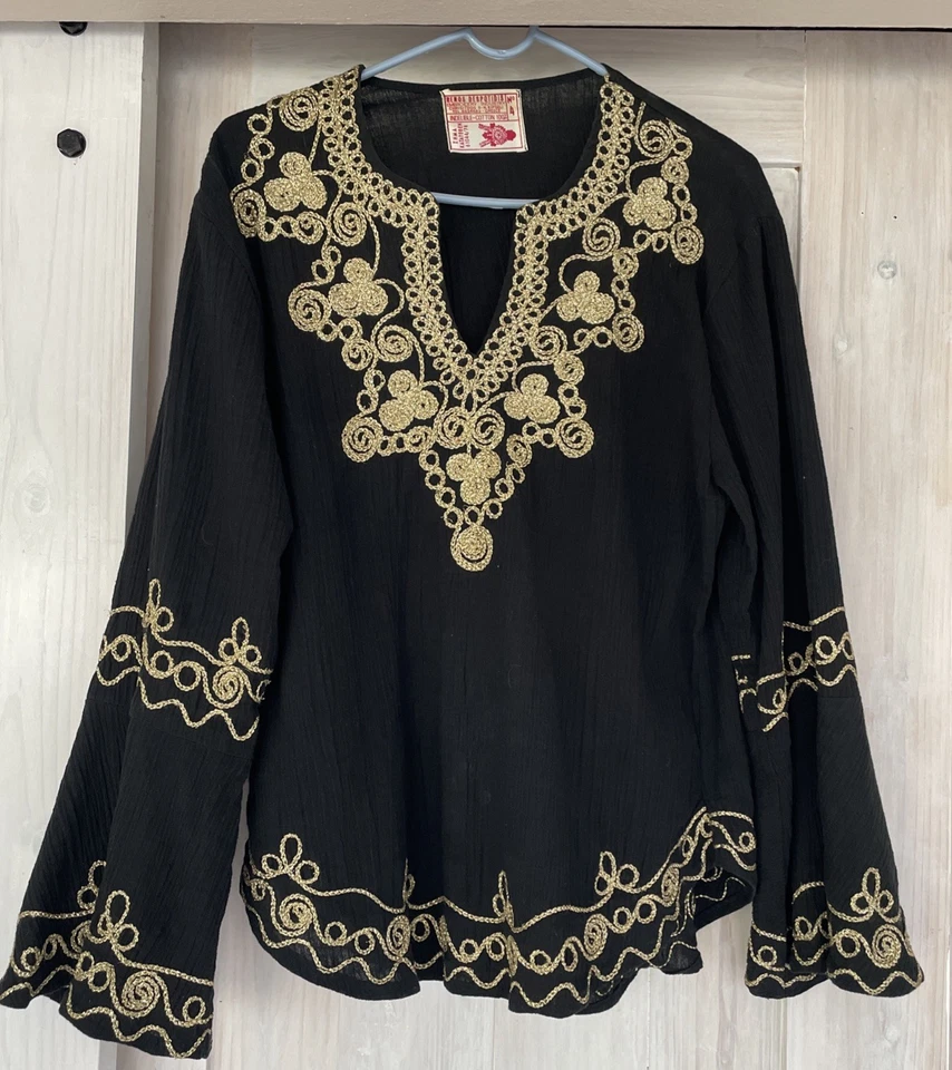 Camisa Campana Popular Griega Años 70 De Colección Despotidis Bordada Negra Dorada Talla 4 Foto 1 de 2