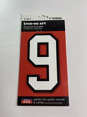 SEI White Flocked Transfer 5 inch Number 9 Iron-on Art 885541 varsity athlete - Image 1 of 2