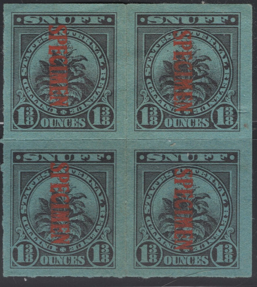US Taxpaid Revenue Stamp Specimen  Block of 4 - Springer TES9 Snuff 1 3/8 oz - Image 1 of 1