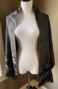 KHAISILK PREMIER BLACK, GRAY & TAN REVERSIBLE EQUESTRIAN SCARF w/FRINGE NWT - Picture 1 of 7