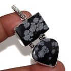 925 Silver Plated-Snowflake Obsidian Ethnic Gemstone Long Pendant Jewelry 2" r11