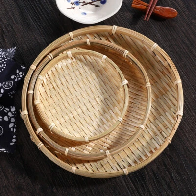 Bamboo Storage Basket Wicker Serving Round Tray Woven Decorative Fruit Dish - Image 1 of 4