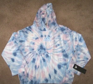 NWT Adidas FT AOP Hooded Pullover Girl's L 14 ~ Tie Dye Blue Pink White ~ - Picture 1 of 2
