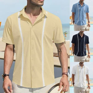 Men's Short Sleeve Button-Up Tops Blouses Casual Beach Weddings Dress Shirts * ↷ - Picture 1 of 20