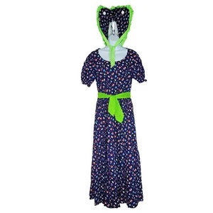 Handmade Floral Prairie Dress Bonnet Short Sleeve Navy Blue L XL Vintage - Picture 1 of 6