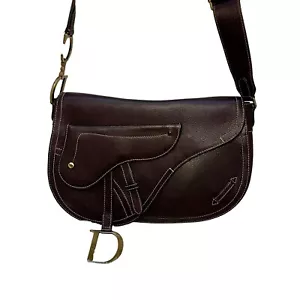 Vintage Dior Saddle Bag Brown Leather Shoulder Bag Designer Purse Authentic - Picture 1 of 22