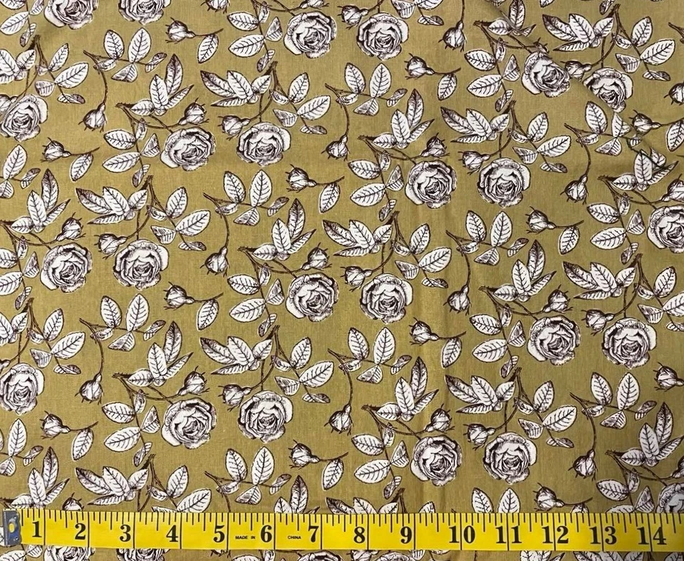 Fabric Olive Green Brown White Sketched Rose Floral 100% Cotton Quilt 1 7/8 Yard - Image 1 of 1