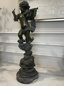 "Estatua de violín vintage de bronce Cupido tocando mármol base jardín y pasillo 25,5""" - Imagen 1 de 15
