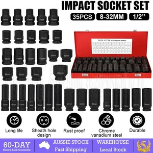35Pcs 8-32MM 1/2" Drive Deep Impact Socket Tool Set Metric Garage Workshop Tools - Picture 1 of 12