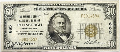 1929 $50 National Currency Famers National Bank of Pittsburg F001459A $14001 - Image 1 of 4
