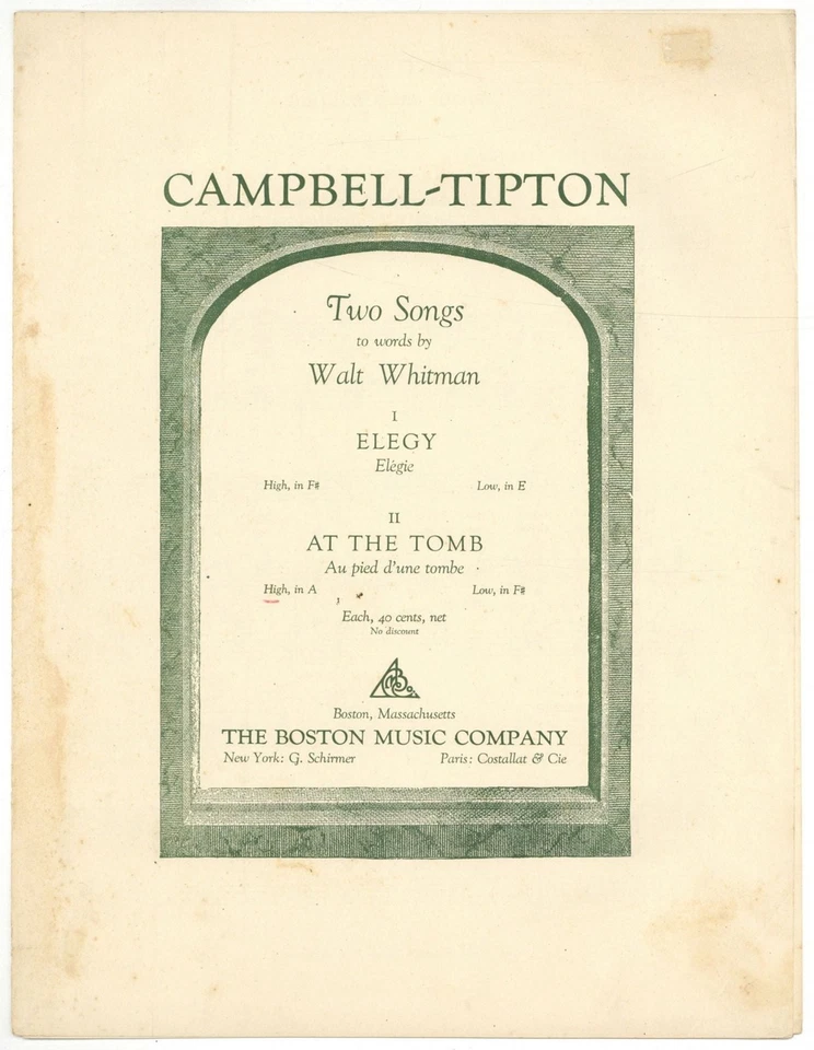 Walt WHITMAN, music by / Sheet music At the Tomb Au pied d'une tombe 1st ed 1918 - Image 1 of 1