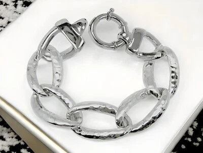 925 Sterling Silver Hammered Curb Link Bracelet - 7.5" Lightweight Design 1400 - Image 1 of 4