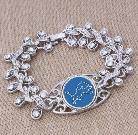 Detroit Lions Football Round Charm Clasp Bracelet Tibetan Silver Rhinestone Cover