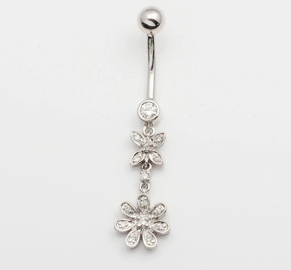 Exquisito sólido 14KT W.G. Diamantes colgantes .18 cts. Anillo ombligo calibre 14 Foto 1 de 1