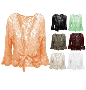 NEW LADIES PLUS SIZE TIE UP 3/4 FLARED SLEEVE SHRUG LACE SEQUIN BOLERO TOP 12-26 - Picture 1 of 13