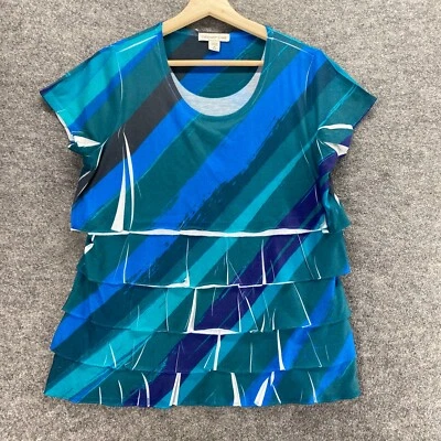 Coldwater Creek 女式 M 中号蓝色条纹荷叶边短袖休闲 — 第 1/4 张图片