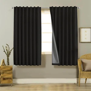 100% Blackout Curtains 63 inches Long Black Curtains Linen Drapes 2 Panels Set B - Picture 1 of 9