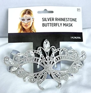 Silver Metal Rhinestone Butterfly Masquerade Mask Wedding Prom Mardi Gras - Picture 1 of 7